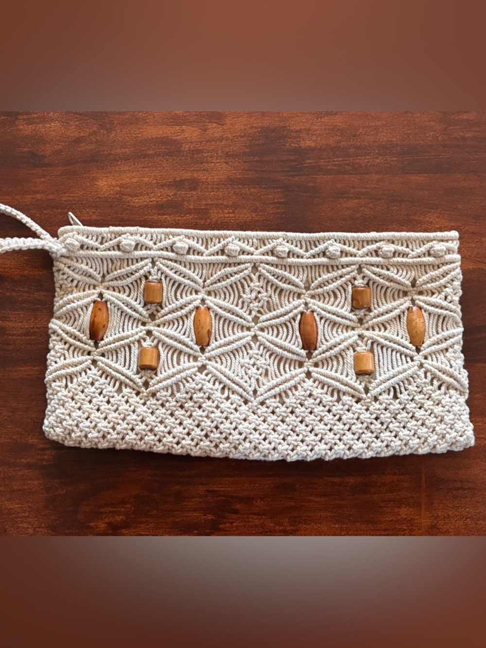 Macramé Clutch Wristlet Wooden Beads Cream